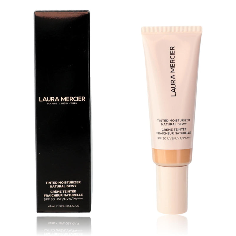 Laura Mercier Tinted Moisturizer Natural Dewy SPF 30 in shade 2N Maple, reflecting its creamy texture and natural finish.