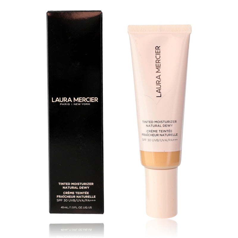 Laura Mercier Tinted Moisturizer Natural Dewy SPF 30 in 2W Citrine, physical formula, showing the product tube and swatch.