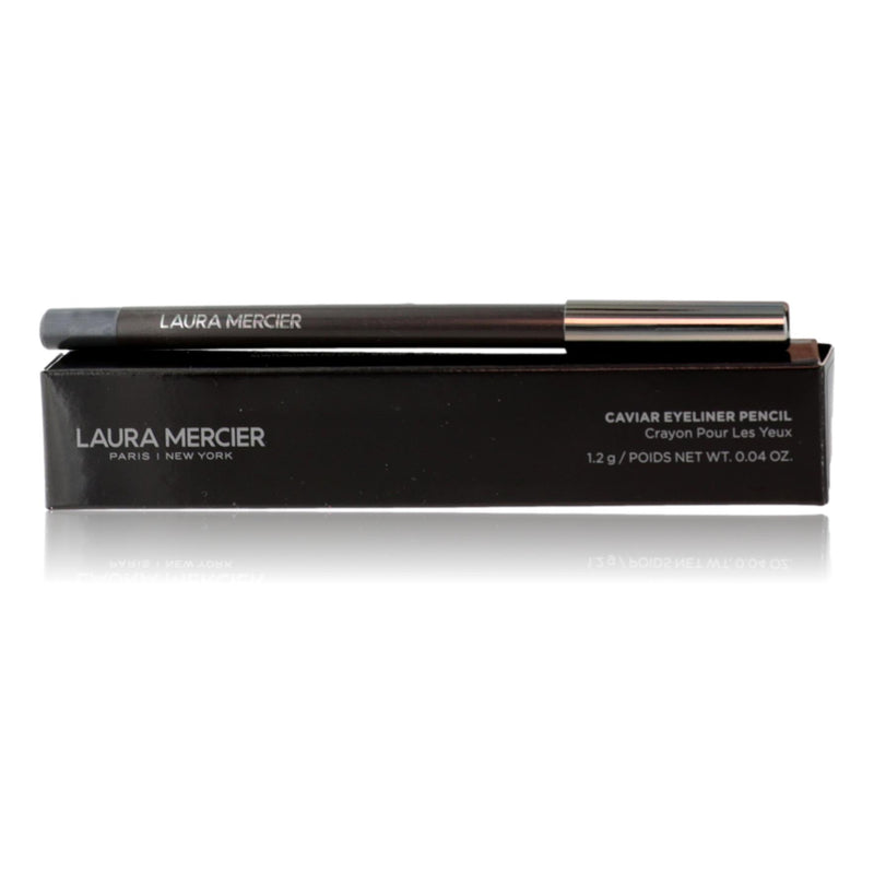 Laura Mercier Caviar Eyeliner Pencil in Smoke, 0.04oz, close-up of the sleek black eyeliner pencil with silver branding details.