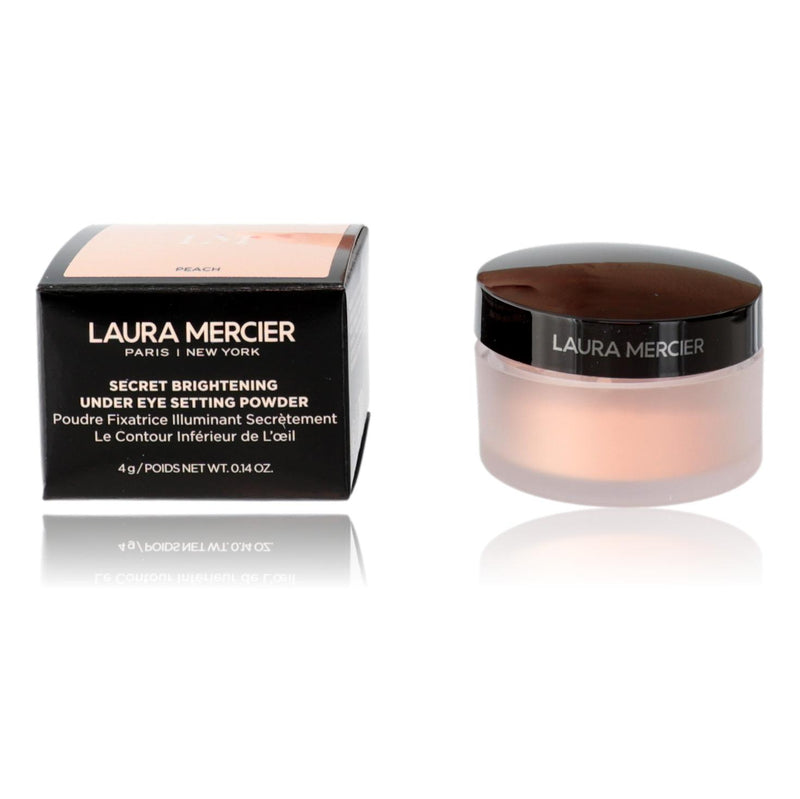 Laura Mercier Secret Brightening Powder in Peach, 0.14oz under eye setting powder with a physical texture and peach shade.