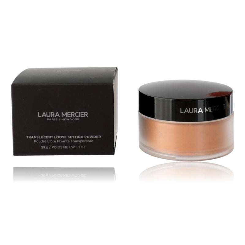 Laura Mercier Translucent Loose Setting Powder in Medium Deep, 1oz, with a clear container and a sifter for a smooth matte finish.