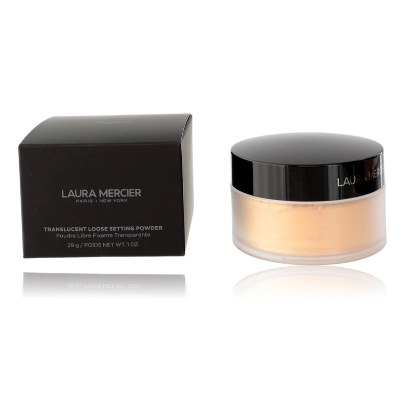 Laura Mercier Translucent Loose Setting Powder in Translucent Honey, showing the fine, silky powder in a clear jar with a white lid.