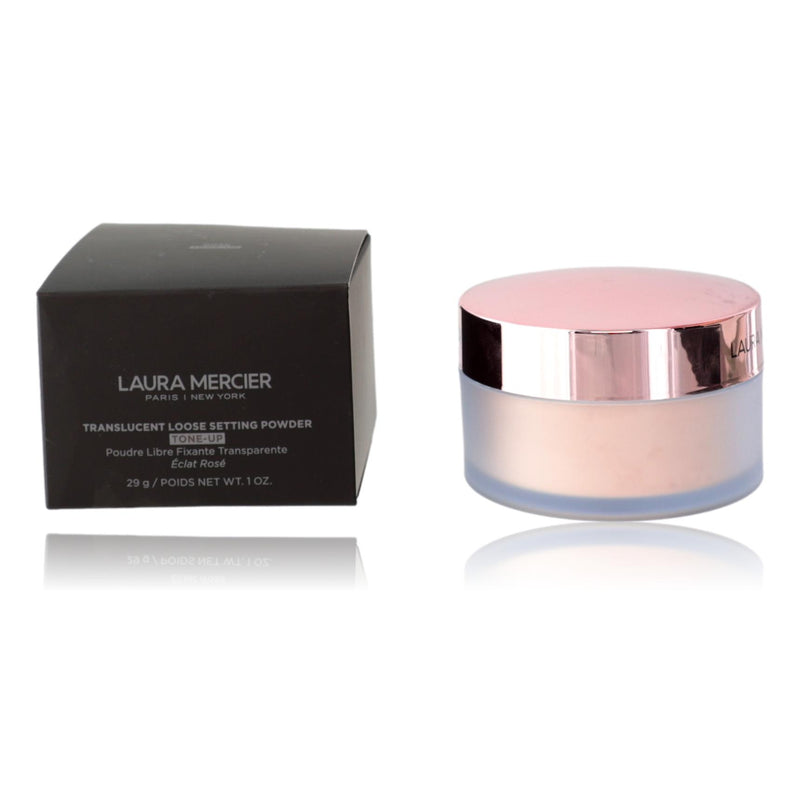 Laura Mercier Translucent Loose Setting Powder in Tone Up Rose, a physical setting powder with a soft pink hue for a natural finish.