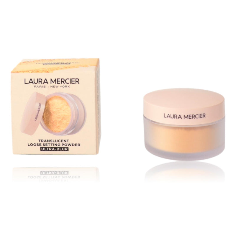 Laura Mercier Ultra-Blur Translucent Loose Setting Powder in Translucent Honey, fine loose powder in a clear jar with a sifter.
