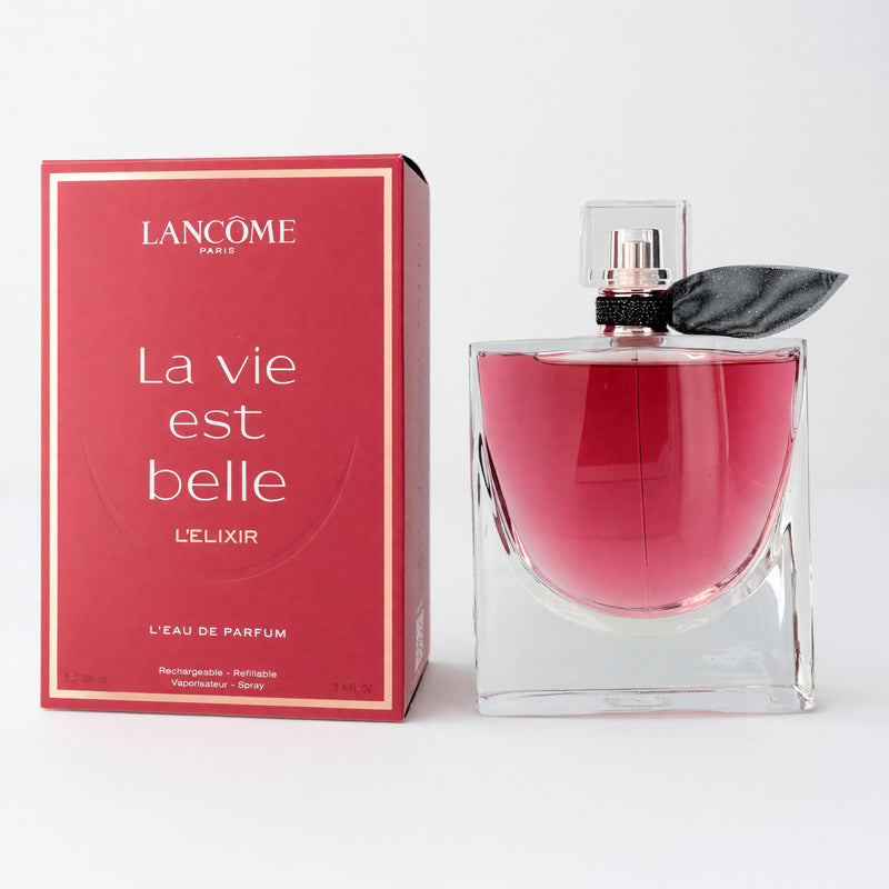Refillable 3.4 oz Lancome La Vie Est Belle L'Elixir Eau de Parfum bottle for women, elegant design with floral accents.