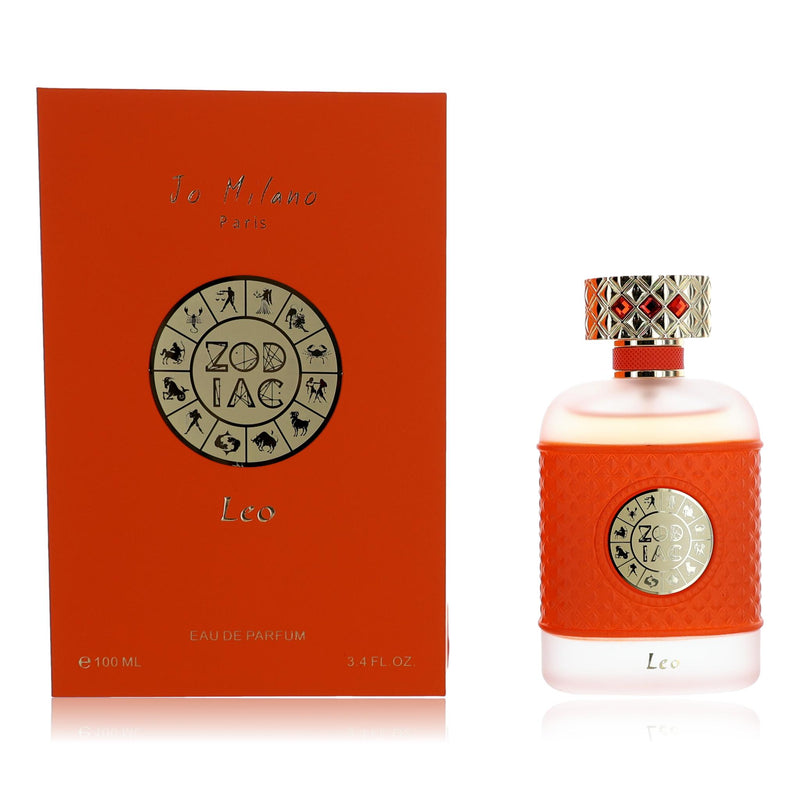 Zodiac Leo Jo Milano unisex 3.4 oz EDP spray bottle, elegant packaging with zodiac lion symbol and floral accents.