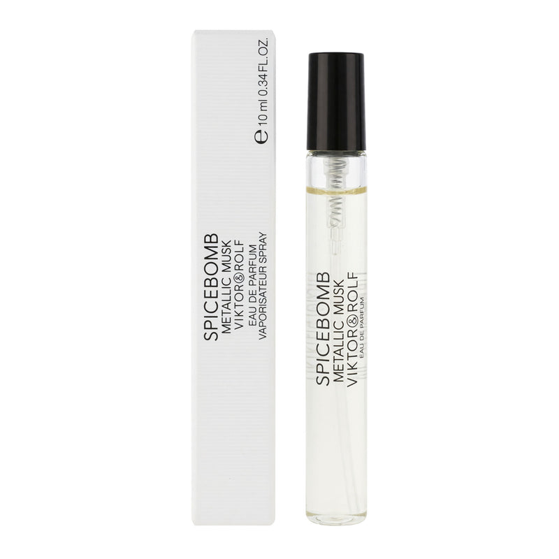 Mini Viktor & Rolf Spicebomb Metallic Musk 0.34oz EDP spray for men with metallic packaging and sleek design.