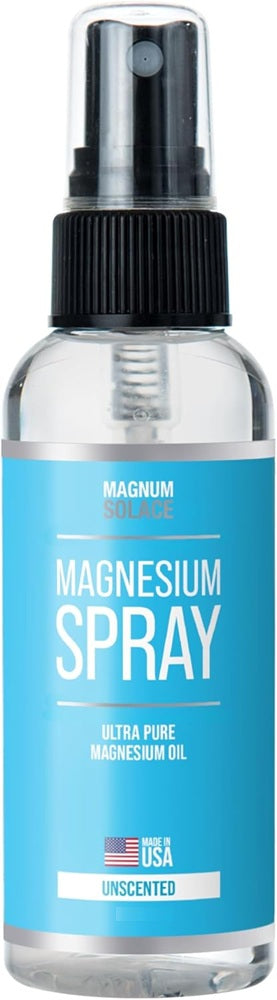 Magnum Solace 2 oz ultra pure magnesium spray bottle, physical magnesium oil for topical use, with a clear label on the bottle.