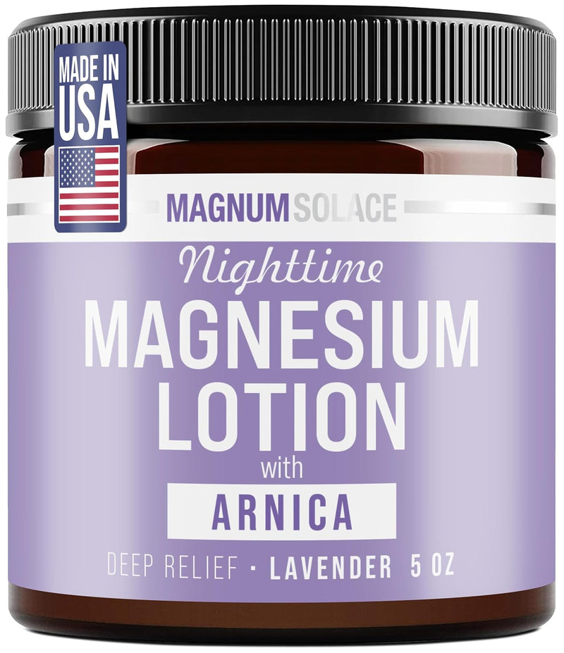 Magnum Solace nighttime magnesium lotion with arnica and lavender, 5oz bottle, relaxing and soothing topical lotion.