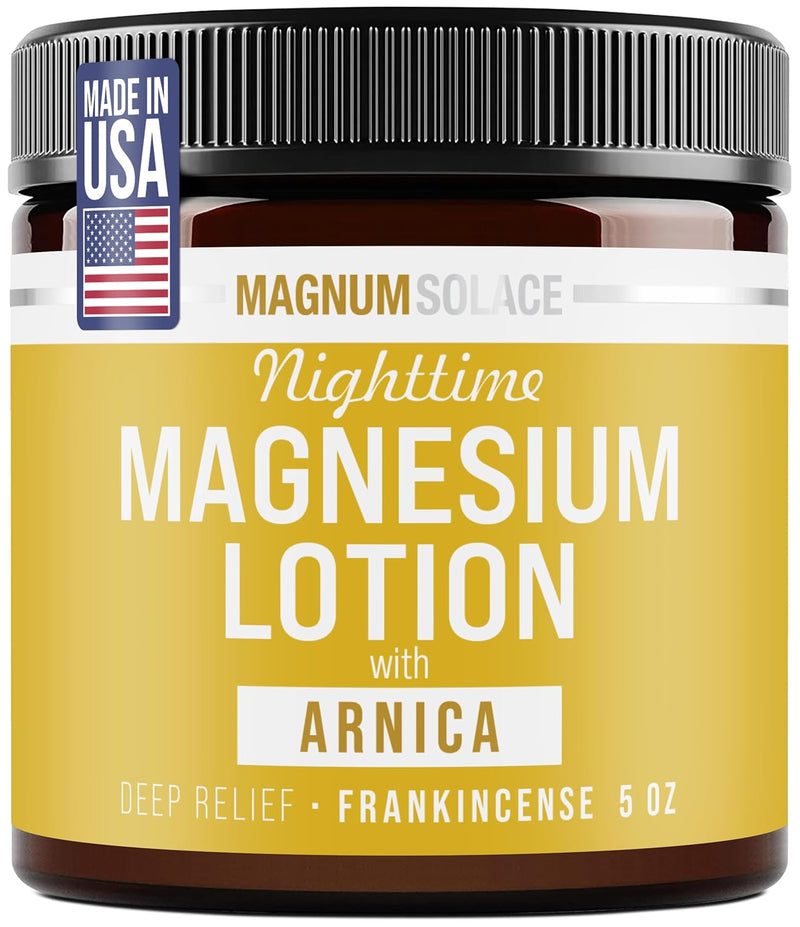 Magnum Solace nighttime magnesium lotion with arnica and frankincense in a 5oz bottle, designed for soothing muscle relief.