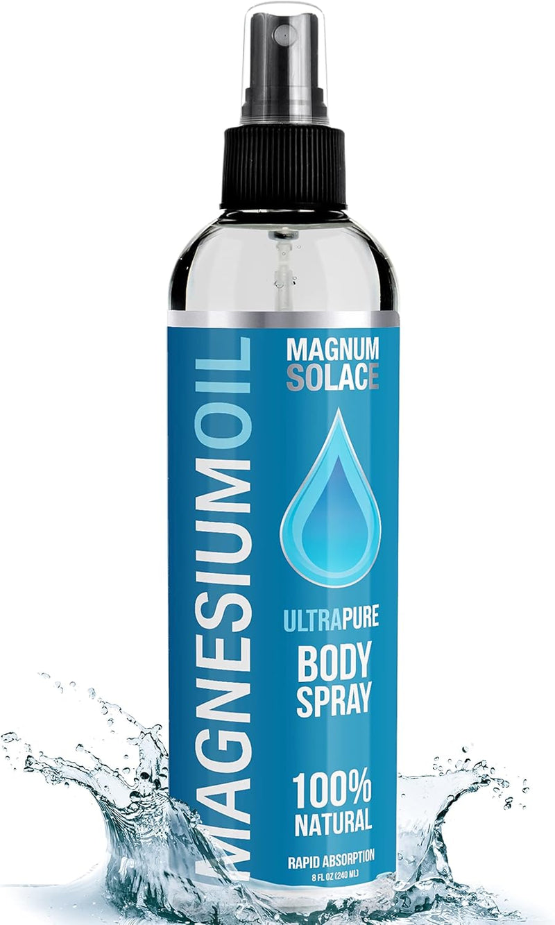 Magnum Solace Magnesium Oil 8 oz ultra pure body spray bottle, showing the physical spray product on a plain background.