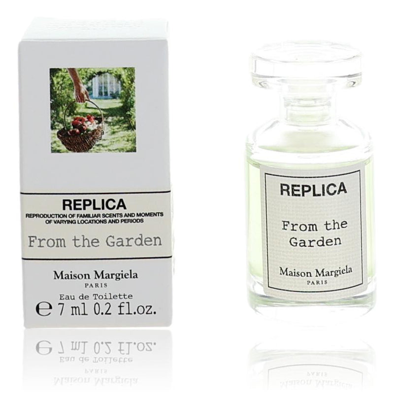 Maison Margiela Replica From the Garden 0.2oz unisex EDT splash bottle shown, featuring minimalist design and clear glass container.