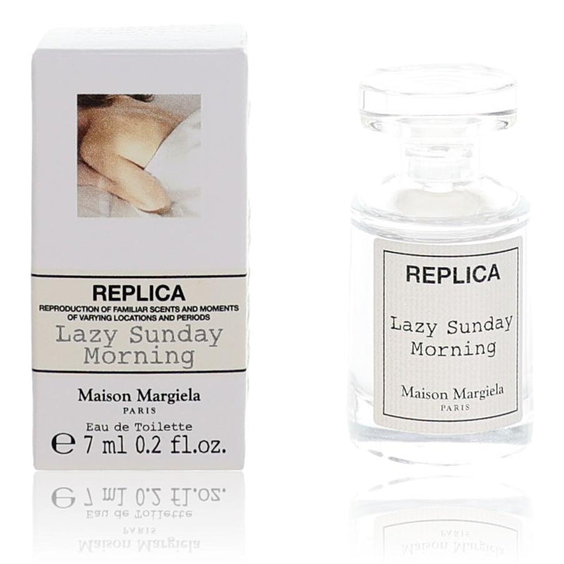 Replica Lazy Sunday Morning by Maison Margiela unisex 0.2oz EDT splash bottle with minimalist design and clear glass packaging.