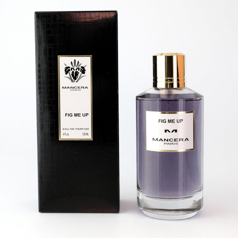 Mancera Fig Me Up 4 oz unisex Eau de Parfum spray bottle with elegant packaging and branding details.