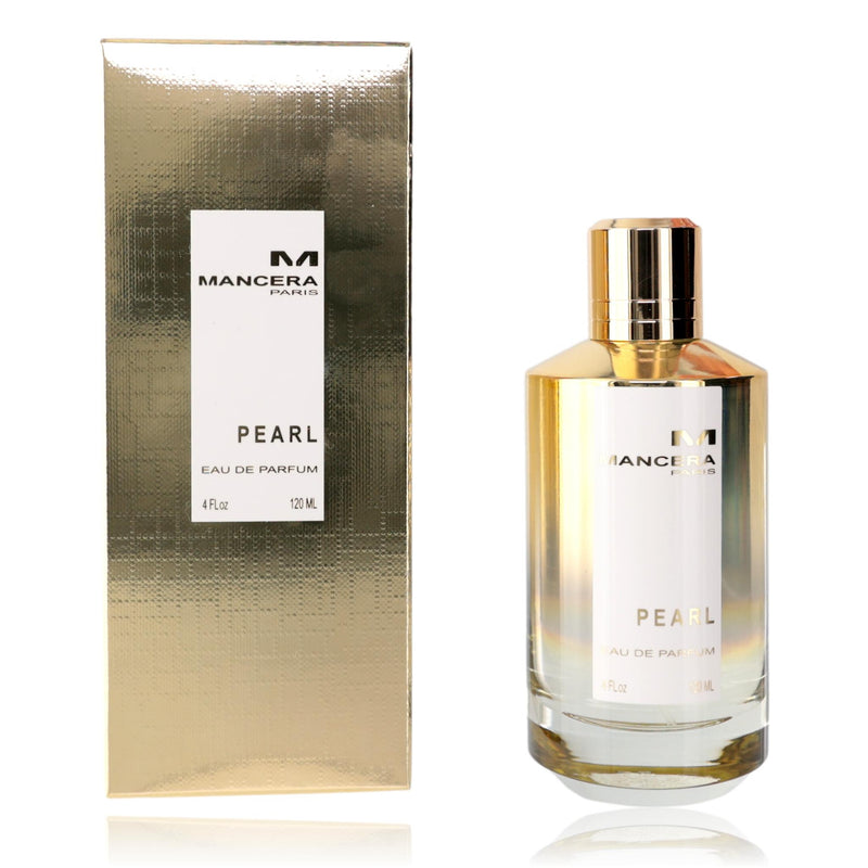 Mancera Pearl women’s 4 oz Eau de Parfum spray bottle with elegant packaging and silver accents.