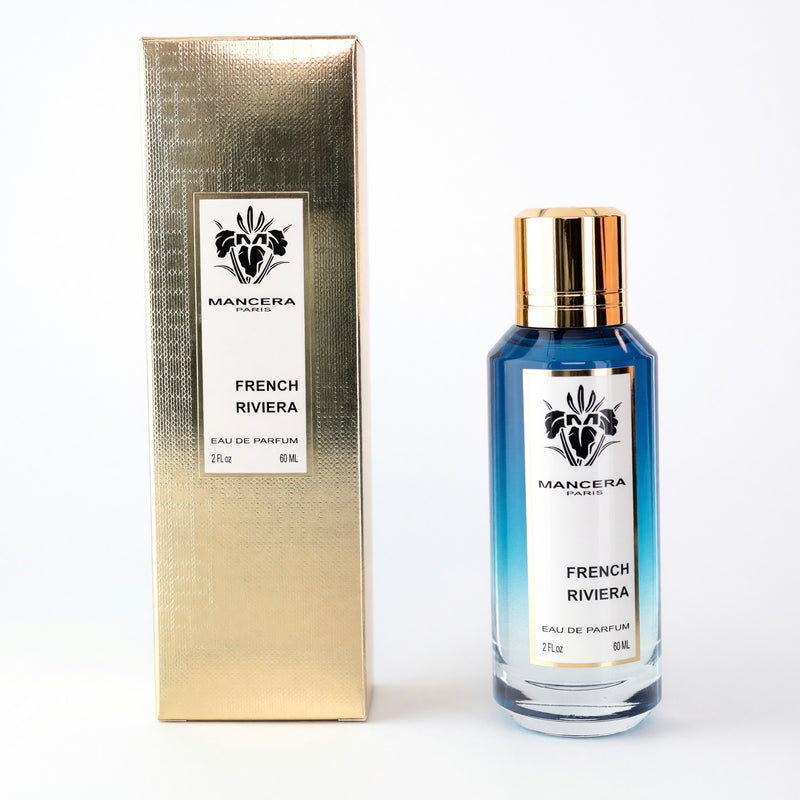 Mancera French Riviera 2 oz unisex EDP spray bottle with elegant packaging and fragrance details.