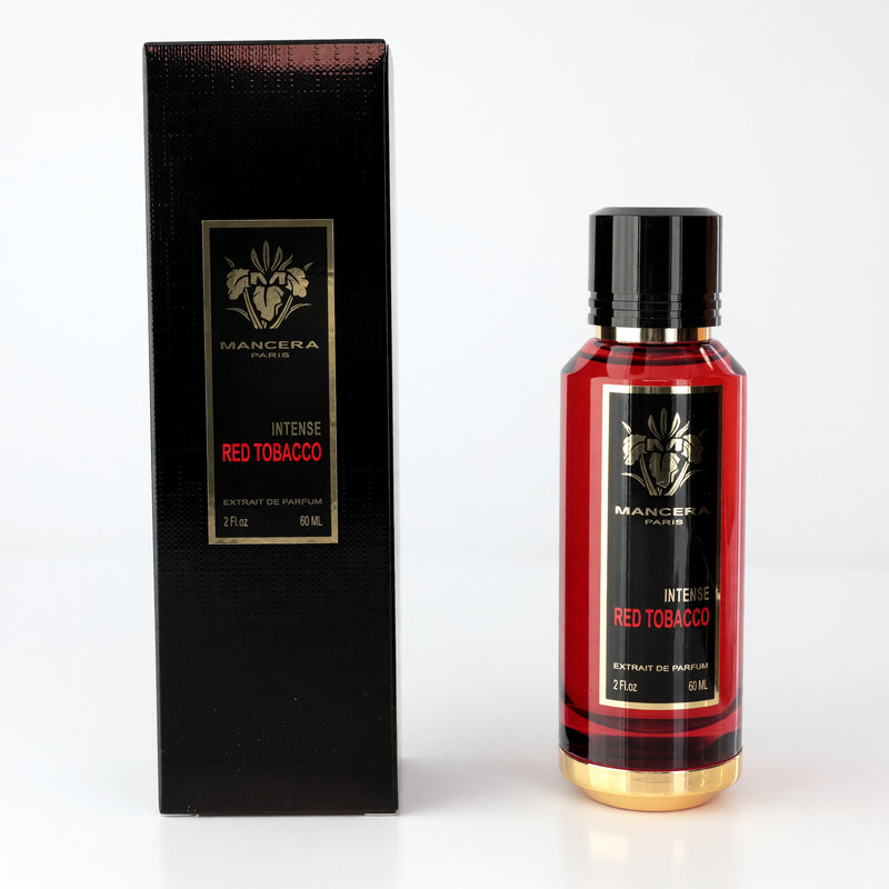 Mancera Intense Red Tobacco 2oz unisex parfum spray bottle, elegant packaging with a dark red and black design.