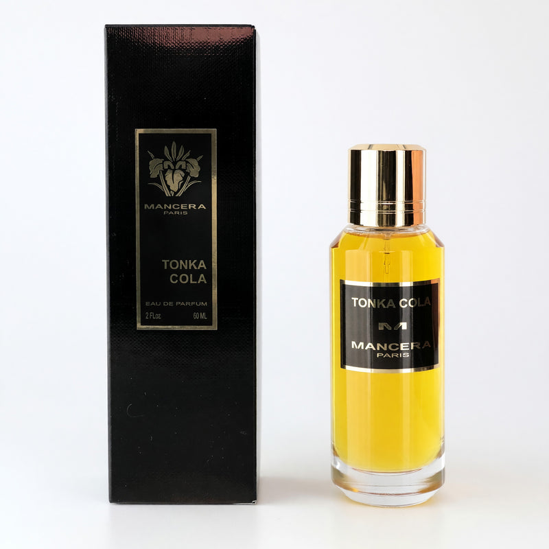 Mancera Tonka Cola unisex 2 oz EDP spray bottle with a sleek design, showcasing the perfume's packaging and branding.