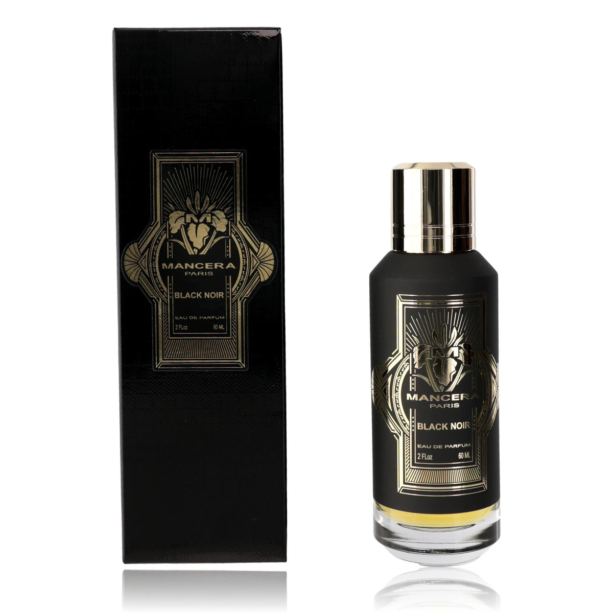 Mancera Black Noir 2 oz unisex EDP spray bottle with sleek black packaging and silver accents.