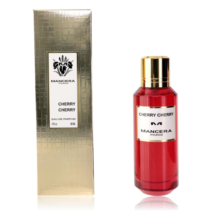 Mancera Cherry Cherry unisex 2 oz EDP spray bottle with floral and fruity cherry scent, elegant packaging, and sleek design.