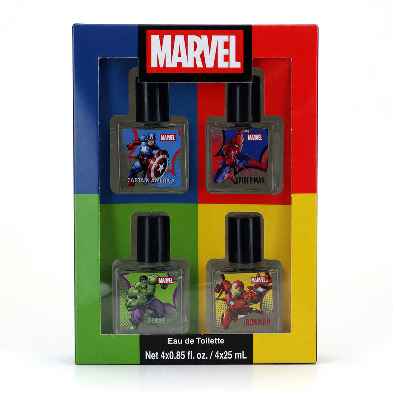 Marvel by Marvel 4-piece gift set for kids featuring colorful superhero-themed toys and accessories in a vibrant display.