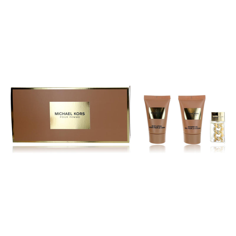 Mini set of Michael Kors Pour Femme perfume for women, featuring three small fragrance bottles in elegant packaging.