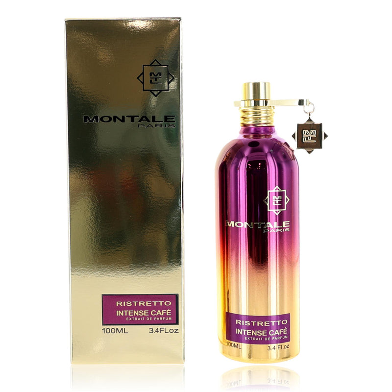 Montale Ristretto Intense Cafe 3.4 oz unisex EDP spray bottle, featuring a sleek, dark fragrance bottle with a silver cap.