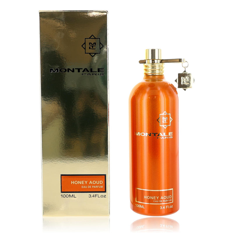 Montale Honey Aoud unisex 3.4 oz EDP spray bottle with gold cap and elegant packaging, showcasing the luxurious fragrance.
