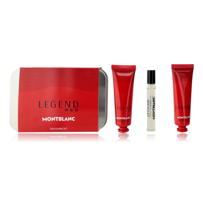 Mont Blanc Legend Red grooming kit for men with three physical grooming products in sleek packaging.