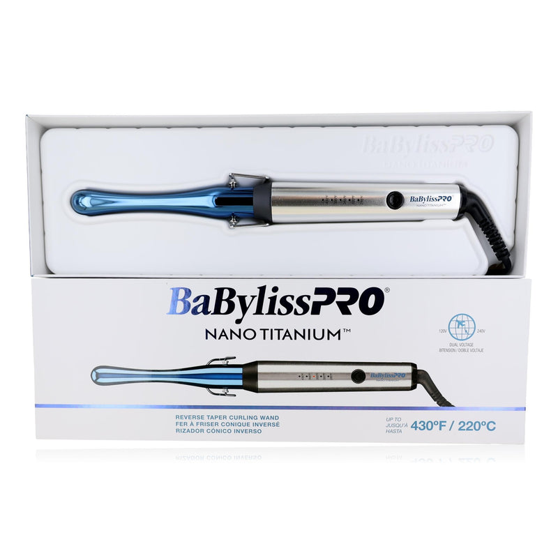 BaBylissPRO Nano Titanium Reverse Taper Curling Wand with black handle and curling barrel, designed for creating natural, bouncy curls.
