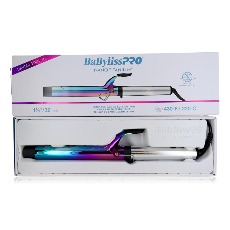 BaBylissPRO Nano Titanium Extended Barrel Curling Iron with 1 1/4-inch barrel for creating smooth, long-lasting curls.