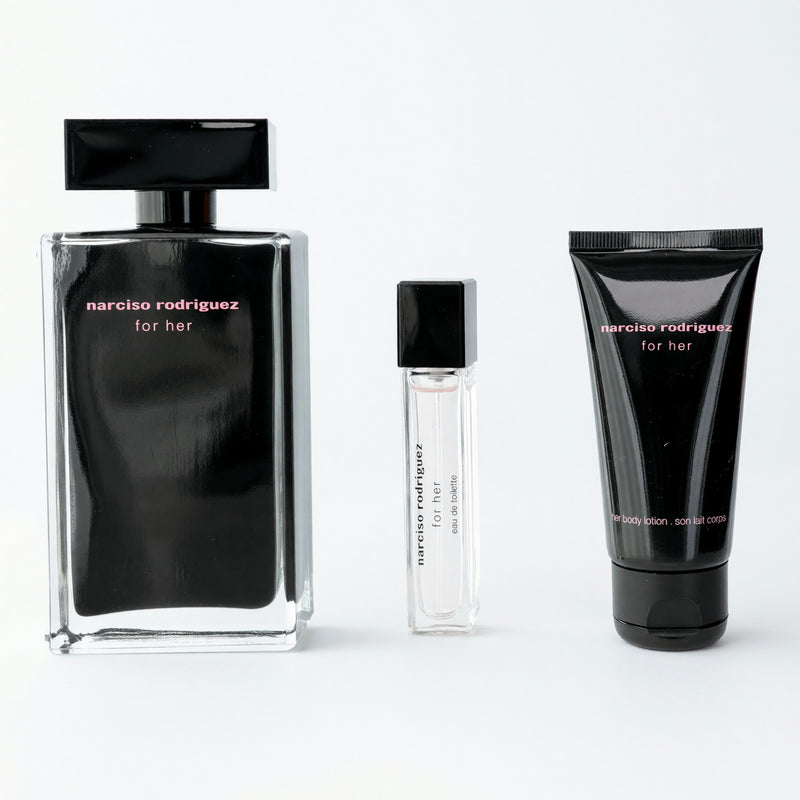 Narciso Rodriguez 3-piece gift set for women including perfume, body lotion, and shower gel with elegant packaging.