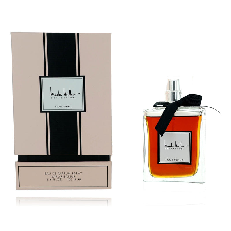 Nicole Miller Pour Femme 3.4 oz EDP spray for women, elegant perfume bottle with a sleek design and floral accents.