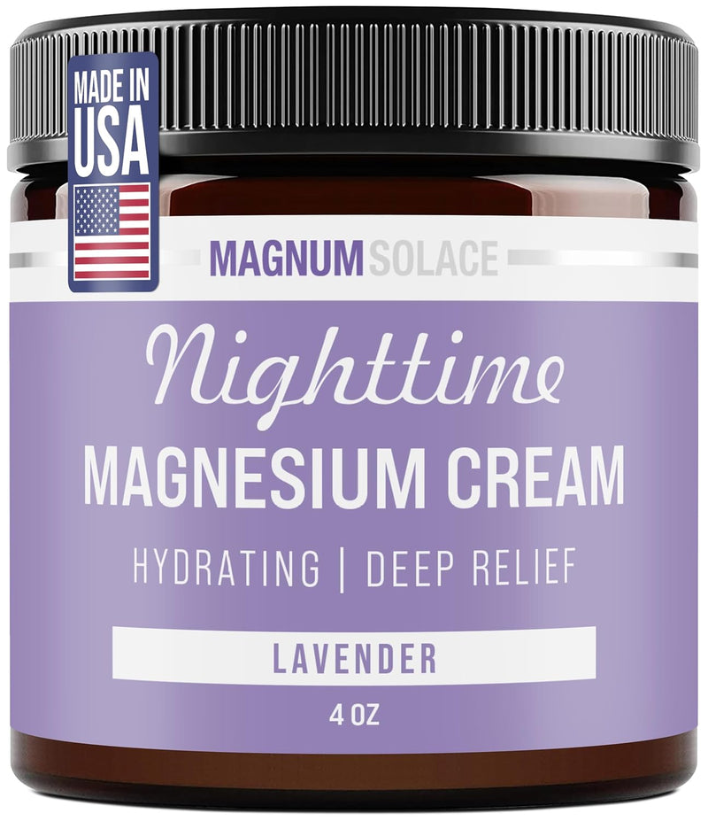 Magnum Solace Nighttime Magnesium Cream in a 5 oz lavender-scented lotion jar, designed for soothing skin and relaxation.