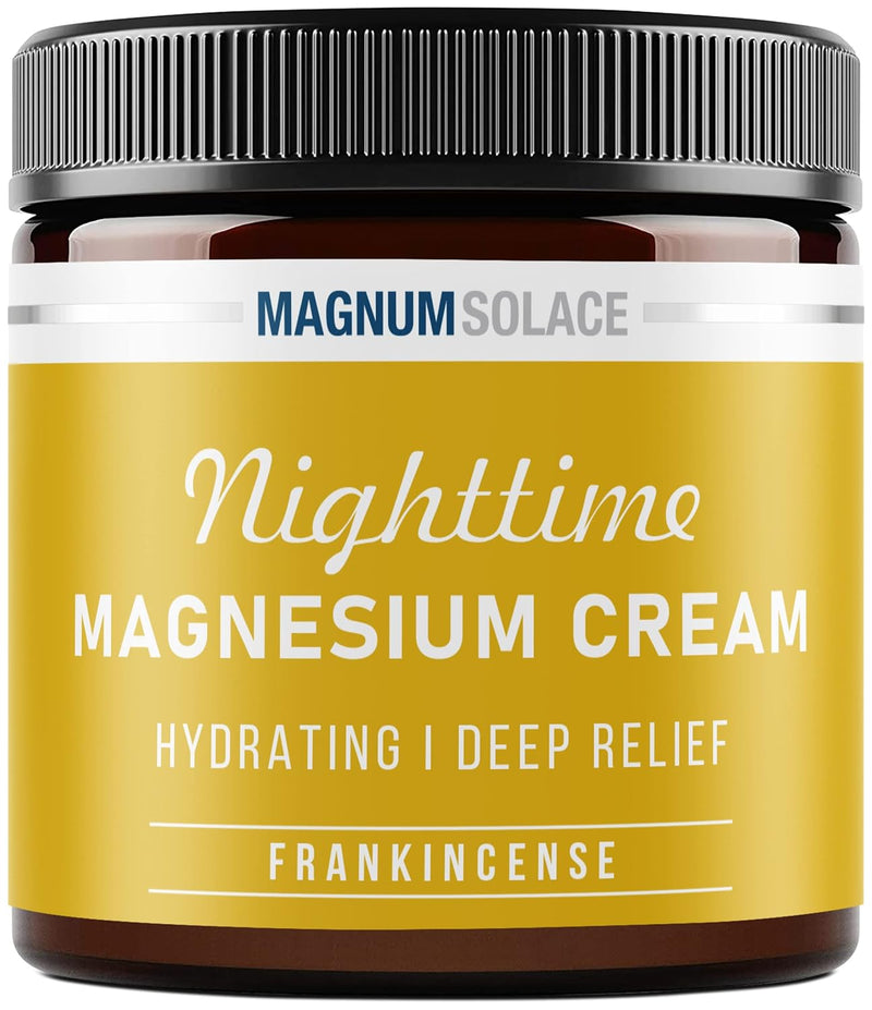 Magnum Solace Nighttime Magnesium Cream lotion with frankincense in a 5 oz jar, designed for relaxing skin care.