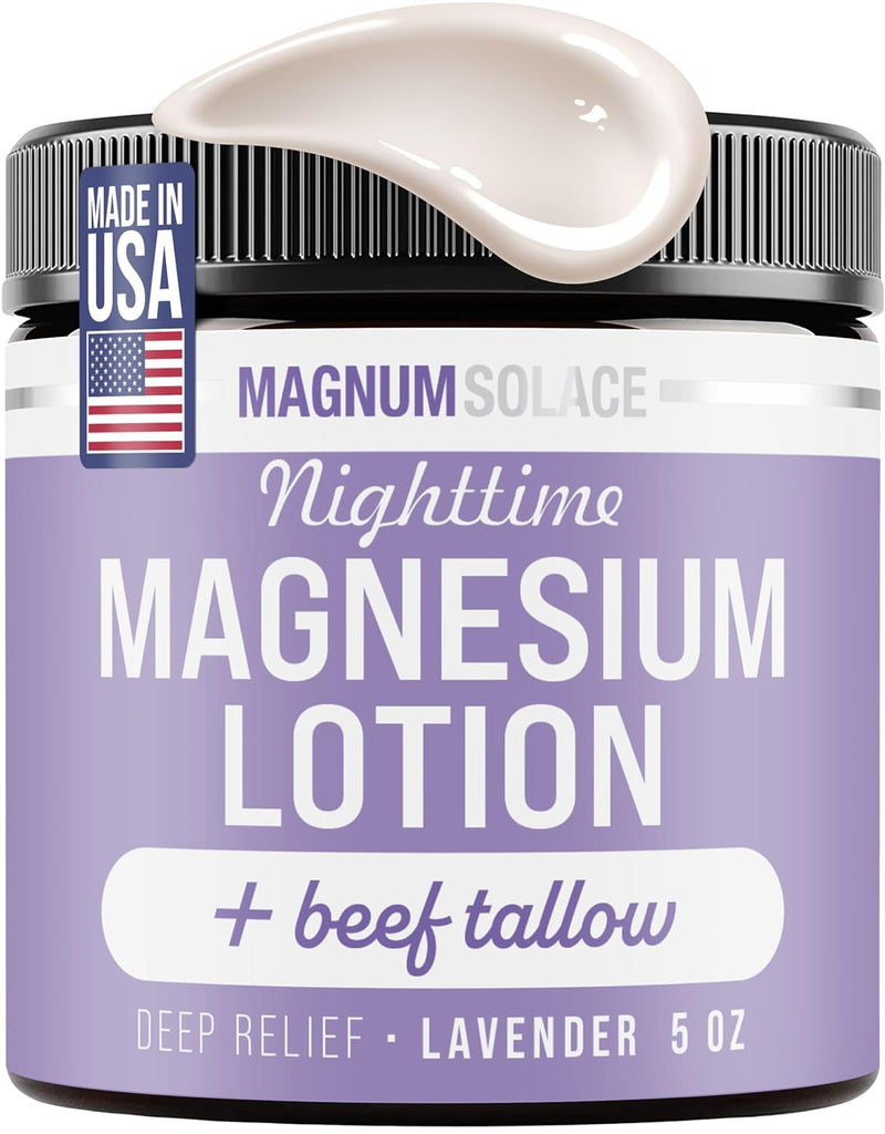 Magnum Solace lavender magnesium lotion with beef tallow in a 5oz bottle, showing the creamy, lavender-scented physical lotion.