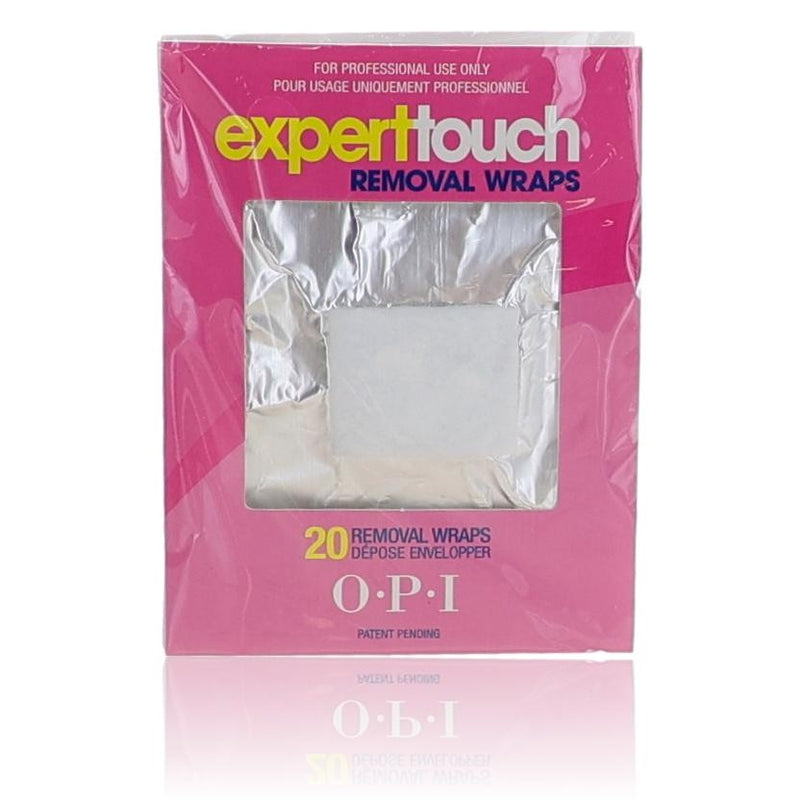 OPI Expert Touch Removal Wraps for nail polish removal, 20 count, in a box, with individual wraps shown in the image.