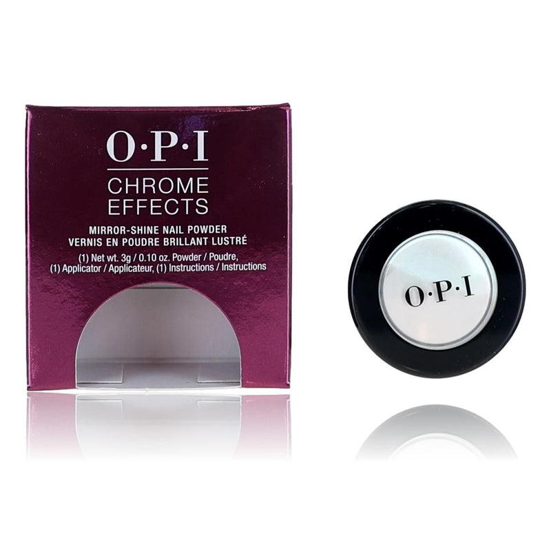 OPI Chrome Effects Pay Me in Rubies nail powder in a small jar with shimmering red and metallic finish, used for nail art.
