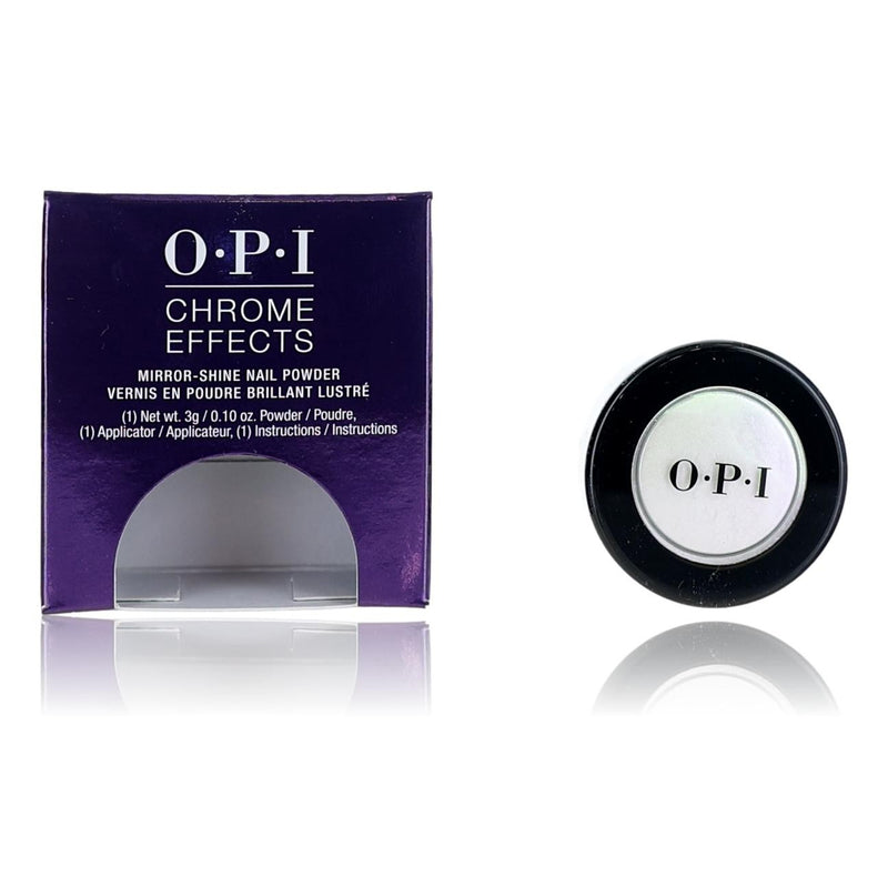 OPI Chrome Effects nail powder in Amethyst, 0.10 oz, displaying a shimmering purple metallic finish on a nail.