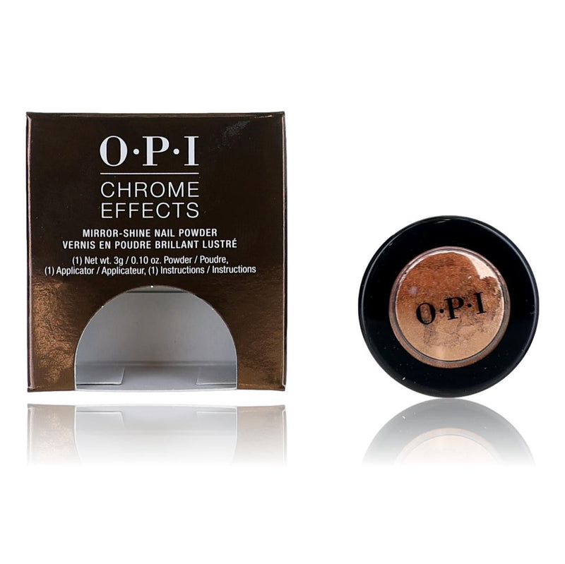 OPI Chrome Effects nail powder in Bronzed by the Sun, showcasing a shimmering bronze nail finish in a small 0.10 oz container.