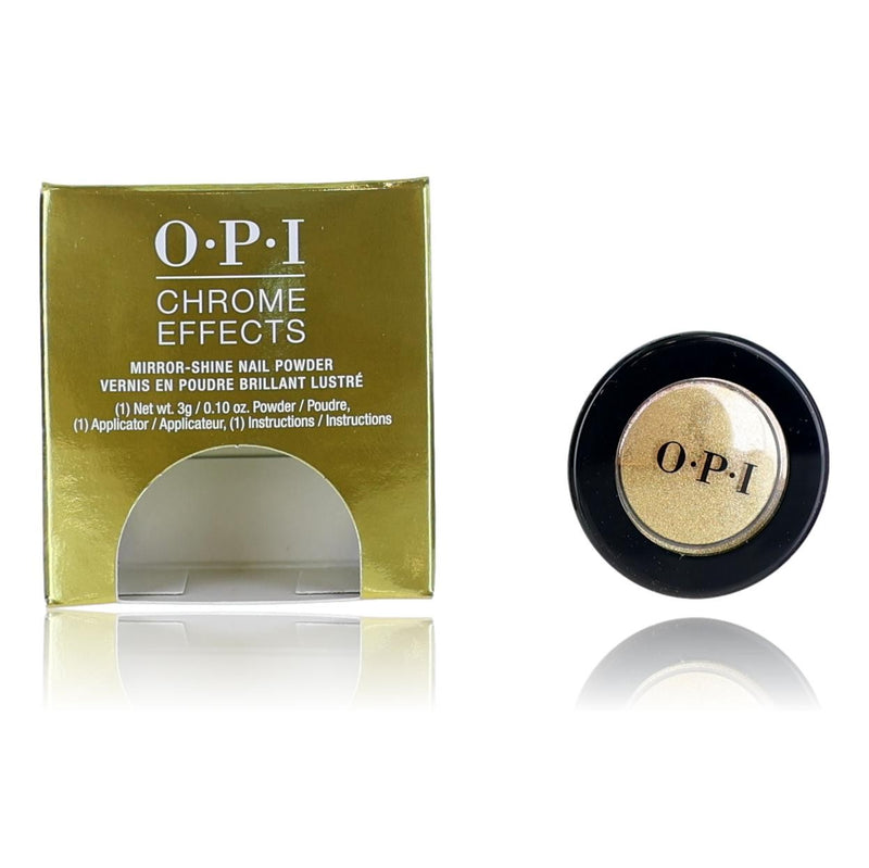 OPI Chrome Effects Gold Digger nail powder in 0.10 oz jar, showcasing shiny gold chrome nail finish and vibrant metallic color.