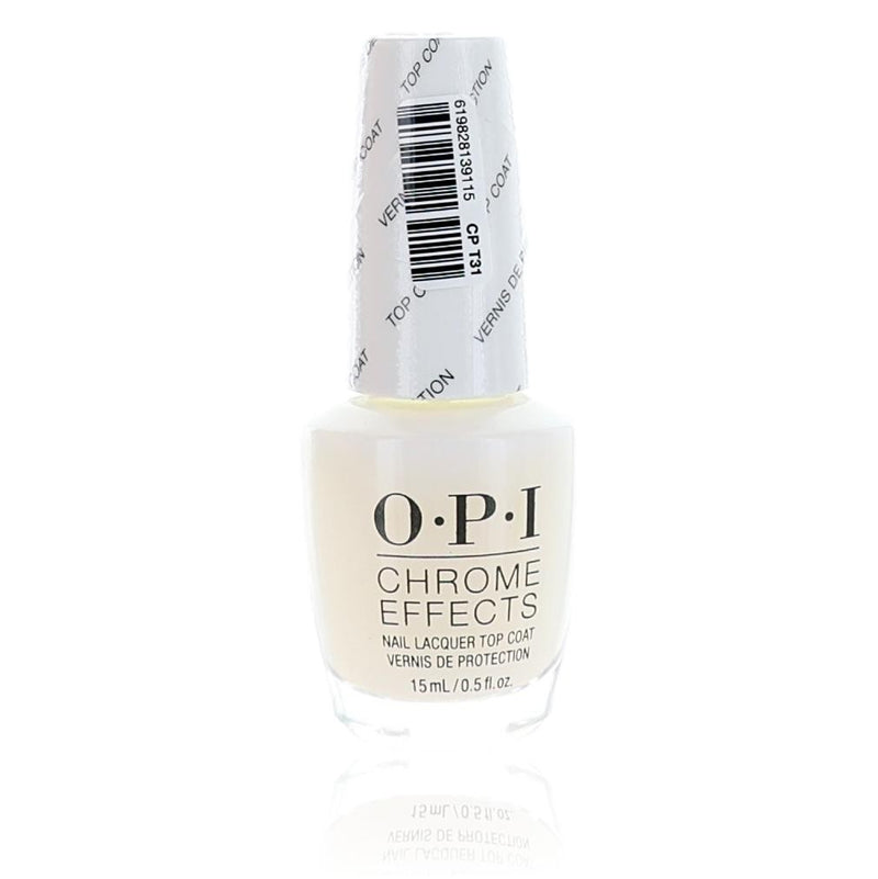 OPI Chrome Effects Top Coat nail lacquer in 0.5 oz bottle with shiny, metallic finish for glossy, chrome-like nails.