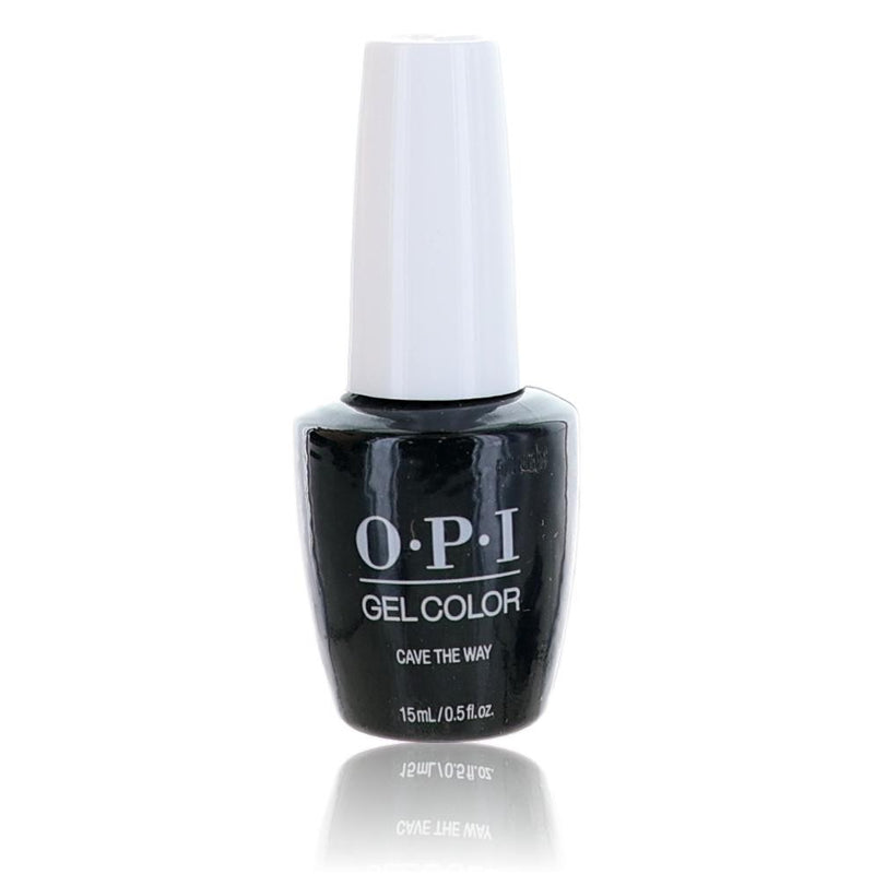 Close-up of OPI Gel Nail Polish bottle in Cave The Way shade, displaying the black and dark gray gel color by OPI.