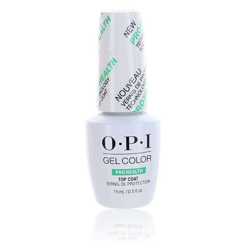 OPI Gel Nail Polish bottle with Pro Health Top Coat, 0.5 oz, displaying colorful nail polish and top coat applicator.