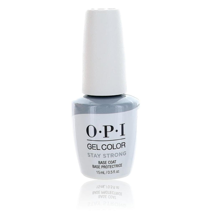 OPI Gel Nail Polish Stay Strong Base Coat in 0.5 oz bottle, clear gel color for durable nail enhancement.