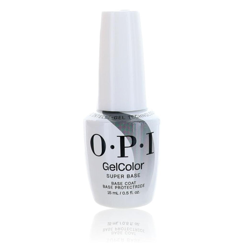 OPI Gel Nail Polish Super Base Coat in 0.5 oz bottle, shown with applicator brush and glossy finish