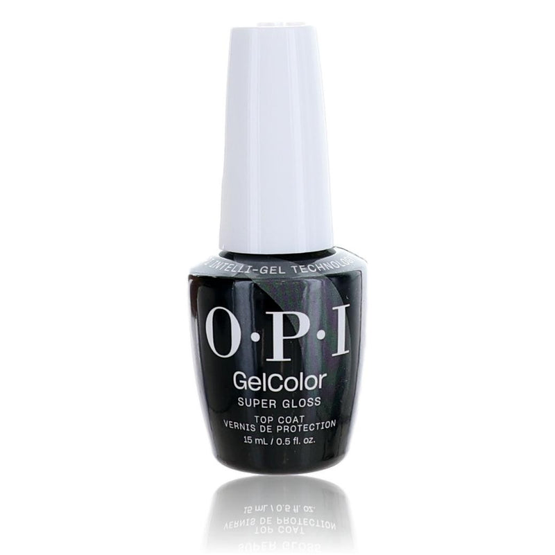OPI Gel Nail Polish Super Gloss Top Coat in 0.5 oz bottle with shiny, smooth finish, displayed on a clean surface.