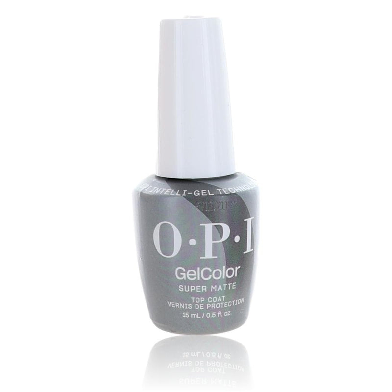OPI Gel Nail Polish Super Matte Top Coat in 0.5 oz bottle, clear gel polish with matte finish for professional nail art.