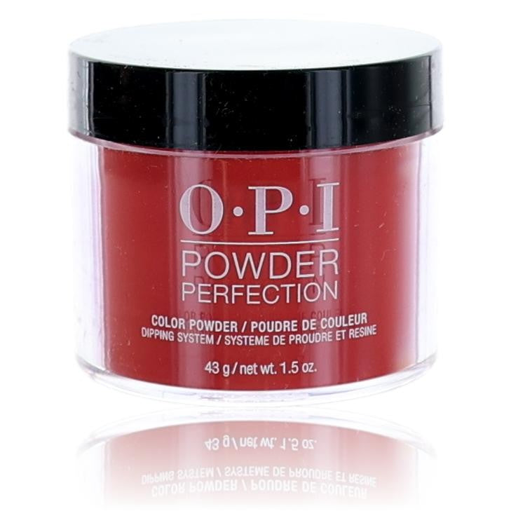 OPI Powder Perfection dip powder in Big Apple Red, 1.5 oz jar, showcasing vibrant red nail color and product packaging.