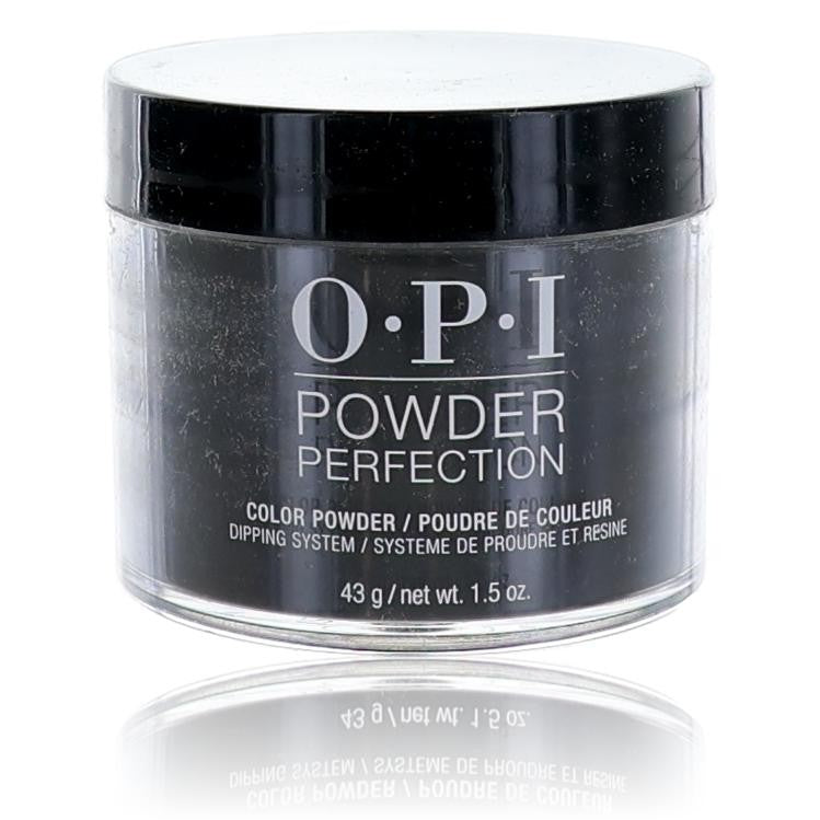 OPI Powder Perfection Black Onyx dip powder in 1.5 oz jar with black and silver packaging, showcasing the product label and container.